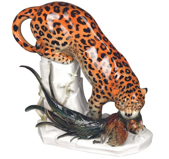 Panter s bažantem 38 x 20 x 38 cm, Porcelánové figurky Aelteste Volkstedter