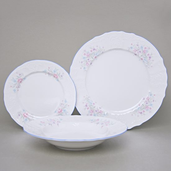 Plate set for 6 persons, Big - 27 cm dinner plate, Thun 1794 Carlsbad porcelain, BERNADOTTE blue-pink flowers