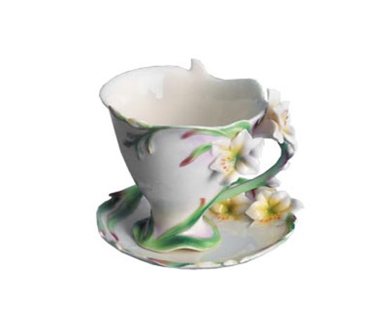 Freesia design sculptured porcelain cup/saucer set, FRANZ Porcelain