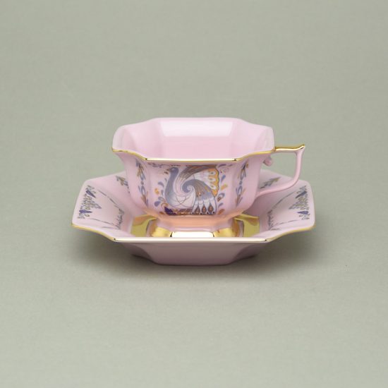 Šálek čajový 150 ml + podšálek 14 cm, Empír, dekor 562 páv, Růžový porcelán z Chodova