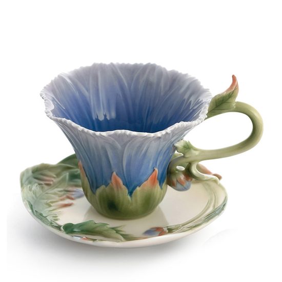 Chrysanthemum design sculptured porcelain cup and saucer, FRANZ Porcelain