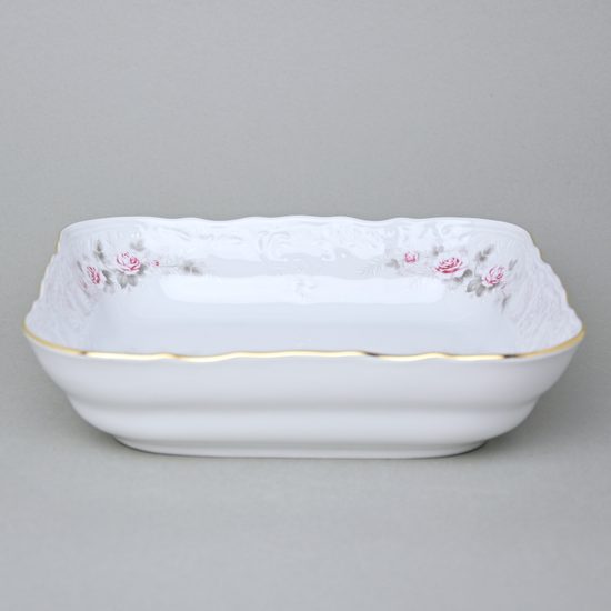 Gold line: Bowl square 25 cm J, Thun 1794 Carlsbad porcelain, BERNADOTTE roses