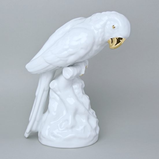 Papoušek 16 x 24,5 x 30 cm, Bílá + zlato, malá prasklinka, Porcelánové figurky Duchcov