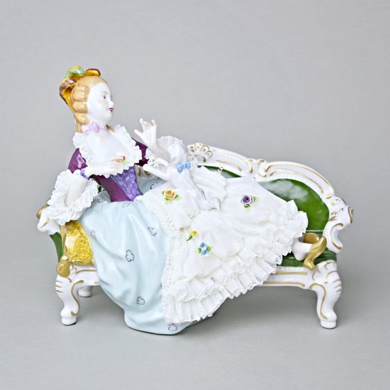 Pejsek na klíně dámy s krajkou 21 x 12 x 16 cm, Kurt Steiner, Porcelánové figurky Unterweissbacher