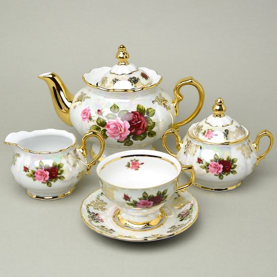 Tea set for 6 persons, Cecily roses, QueensCrown porcelain