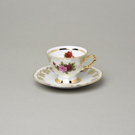 Šálek 90 ml espresso na nožce + podšálek 12 cm, Cecily - růže, porcelán QueensCrown