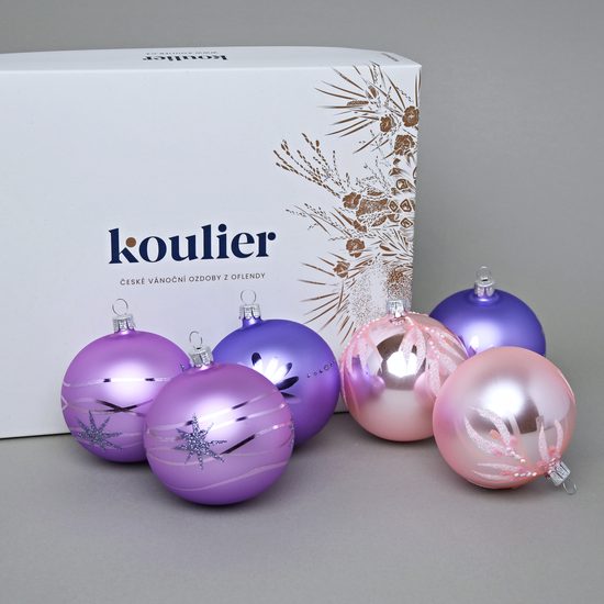 Vánoční skleněné koule 6 ks. sada, 10 cm, Fialová & růžová, České vánoční ozdoby KOULIER