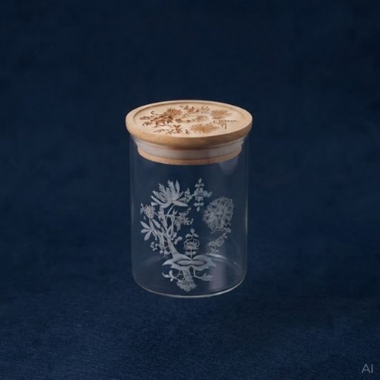 Glass Food Storage Jar with Wooden Lid, 15 cm, Onion Pattern