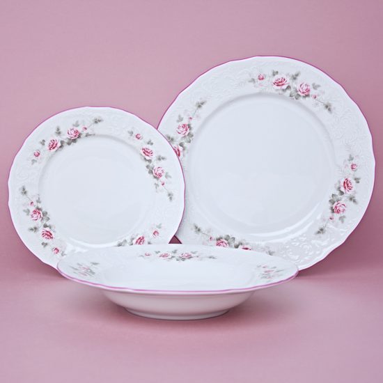 Pink line: Plate set for 6 persons, Thun 1794 Carlsbad porcelain, BERNADOTTE roses
