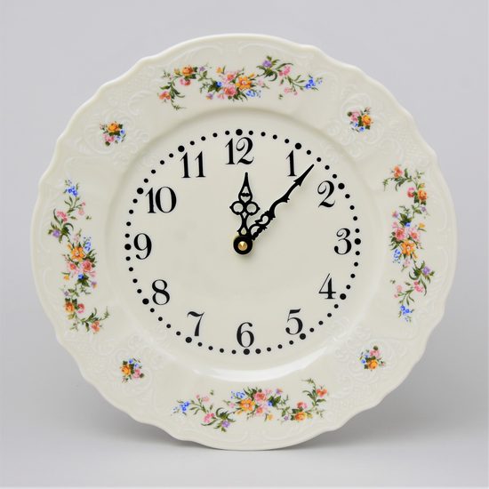 Clock wall plate 27 cm, Thun 1794 Carlsbad porcelain, BERNADOTTE ivory + flowers
