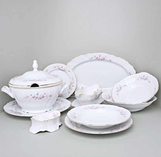 Gold line: Dining set for 6 persons, Thun 1794 Carlsbad porcelain, Bernadotte roses