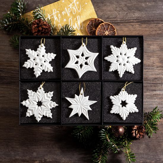 Christmas decoration set, 6 pcs., Snowflakes, bisque porcelain, Unterweissbacher Werkstätten für Porzellankunst