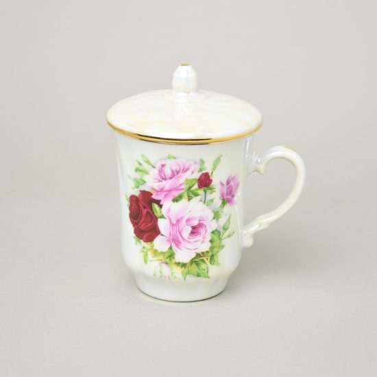 Mug Devon with lid 270 ml - pearl + gold + large roses flowers, Thun 1794 karlovarský porcelán