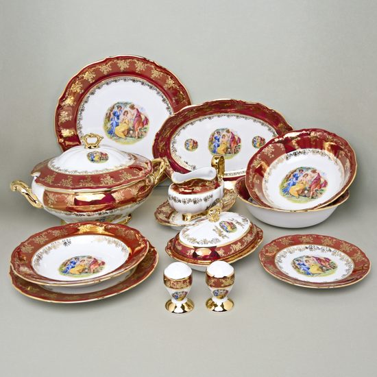 Dinner set for 6 pers., The Three Graces + gold + pearl ruby red, Carlsbad porcelain