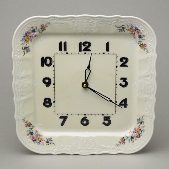Wall Clock square 26 cm, Thun 1794, karlovarský porcelán, BERNADOTTE ivory + flowers