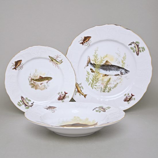 Plate set for 6 persons, Thun 1794 Carlsbad porcelain, BERNADOTTE fishing