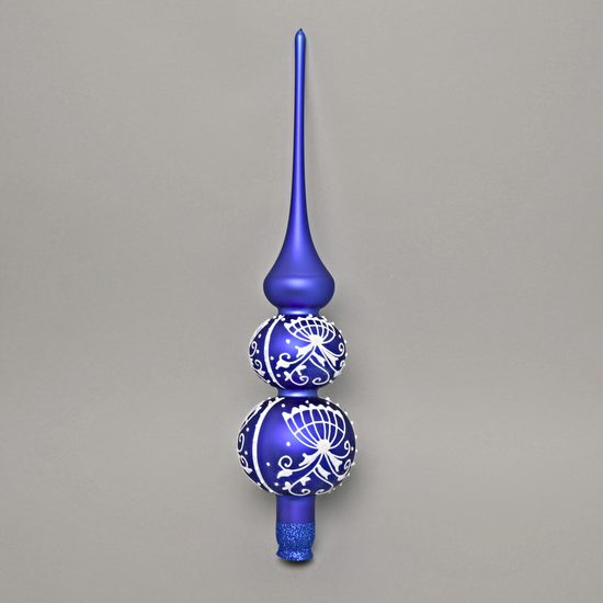 Cibuláková vánoční skleněná špička na stromeček pr. 8 cm, v. 34 cm, matná modrá, česká ruční práce