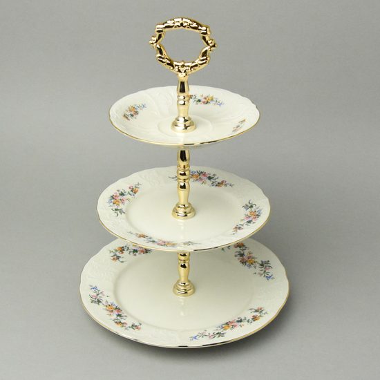 Cake stand 3 pcs. 34 cm, Thun 1794, karlovarský porcelán, BERNADOTTE ivory + flowers + gold line