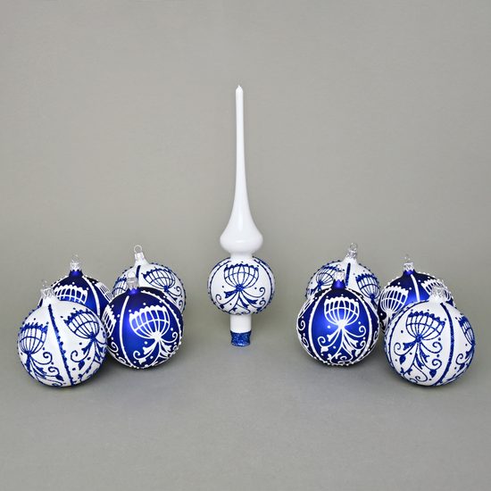 A set of Onion Pattern Christmas Tree Decoration Glass Balls 8 cm + Christmas tree tip, Set 9 pcs.