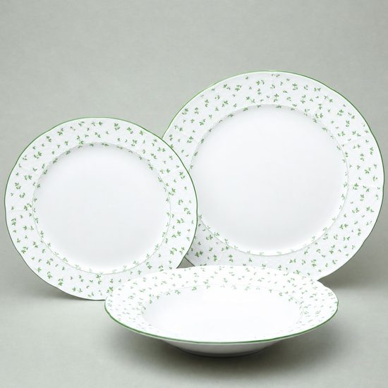 Plate set 12 pcs. for 4 pers. Thun 1794, karlovarský porcelán, Natálie green flowers