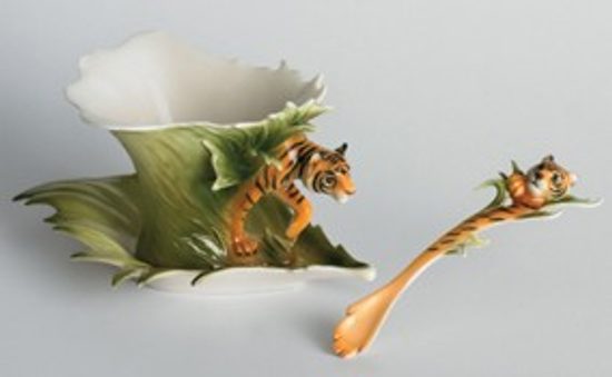 Tiger design sculptured porcelain cup and saucer, FRANZ Porcelain