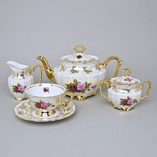 Tea set for 6 pers., Cecily roses, Royal porcelain Bohemia