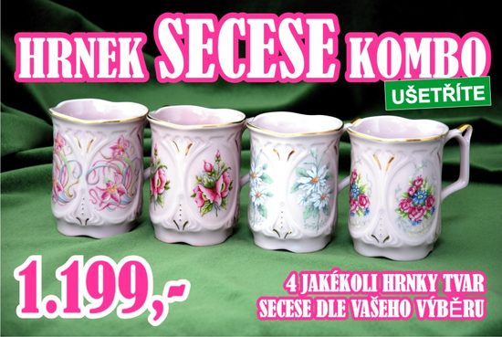 Secese KOMBO - 4 různé hrnky secese, Růžový porcelán z Chodova