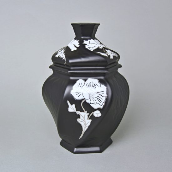 Dóza / Urna šestihran 20 x 14,5 x 13 cm , Černý fond + platina, Porcelán Duchcov