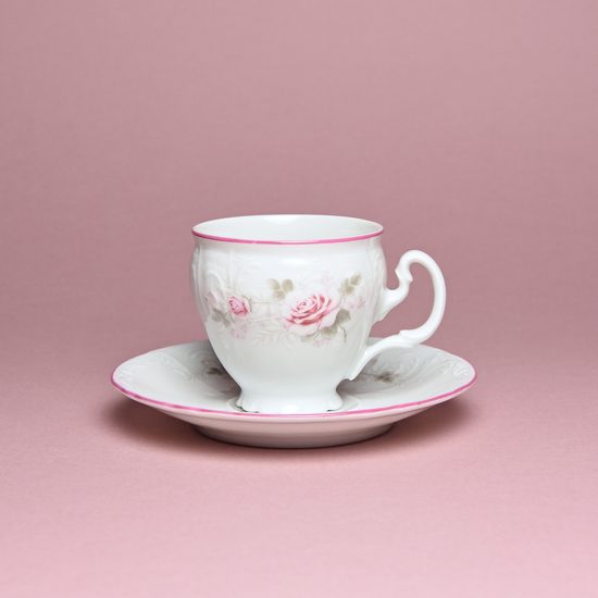 Pink line: Coffee cup and saucer 150 ml / 14 cm, Thun 1794 Carlsbad porcelain, BERNADOTTE roses