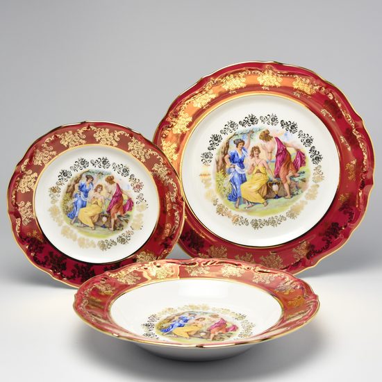 Plate set for 6 pers., The Three Graces + gold + pearl ruby red, Carlsbad porcelain