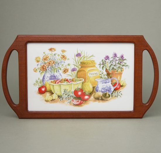 Kuchyňská podložka / destička / prkénko v dřevěném rámu 42 x 22,6 cm, dekor zelenina + bylinky + kvítí, česká ruční výroba