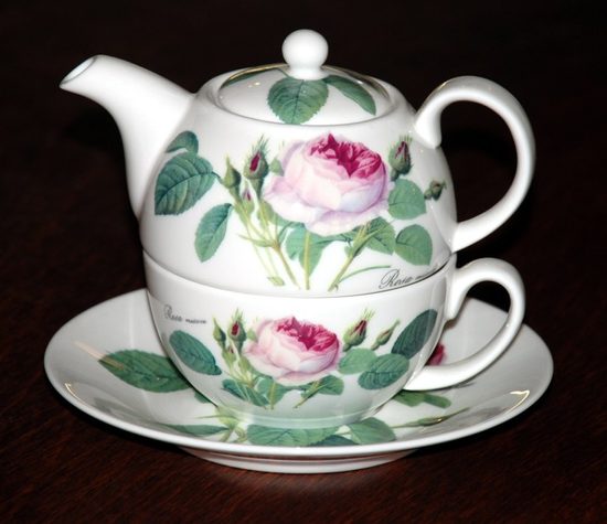 Redoute Rose: Čajová sada 3díl., Tea for one set, Anglický porcelán Roy Kirkham