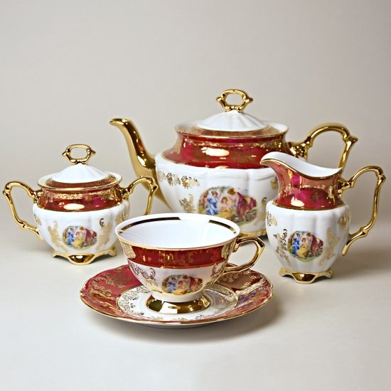 Tea set for 6 pers., The Three garces, ruby + gold, Carlsbad porcelain