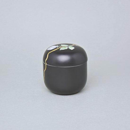 Dóza s růží a zlatou stuhou, 9,5 x 9 cm, Černý fond + zlato, Porcelán Duchcov