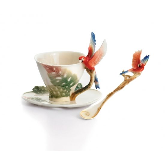 Cup, saucer and spoon set Paradise Calling macaw bird, porcelain FRANZ