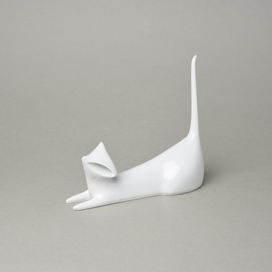 Kočka 19 x 17 (ocas) x 6,5 cm ležící, bílá, Porcelánové figurky Duchcov