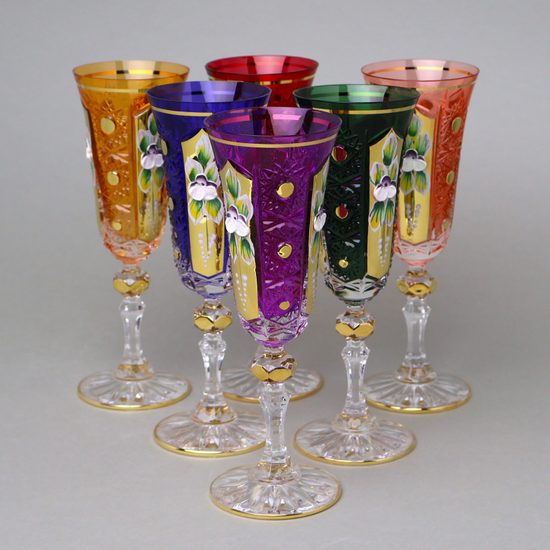 Sklenice na šampaňské 150 ml se smaltovanými kvítky - barevná sada, 6 ks., Bohemia crystal gold