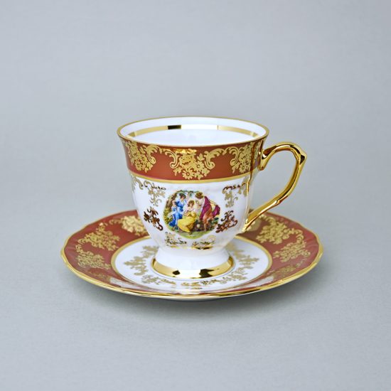 Šálek vysoký 170 ml a podšálek 16 cm kávový, Tři Grácie, zlatý listr + rubín, Marie Tereza Queens Crown