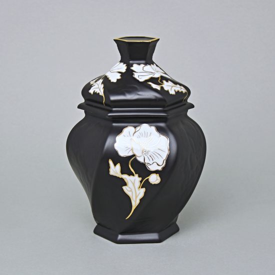 Dóza / Urna šestihran 20 x 14,5 x 13 cm , Černý fond + zlato, Porcelán Duchcov