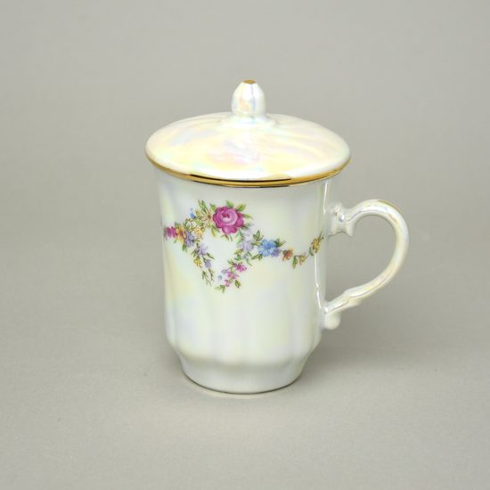 Mug Devon with lid 270 ml - pearl + gold + rose decor, Thun 1794 karlovarský porcelán