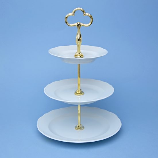 Etažer třídílný - talíře plné / zlacená tyčka, Bílý porcelán, Český porcelán a.s.