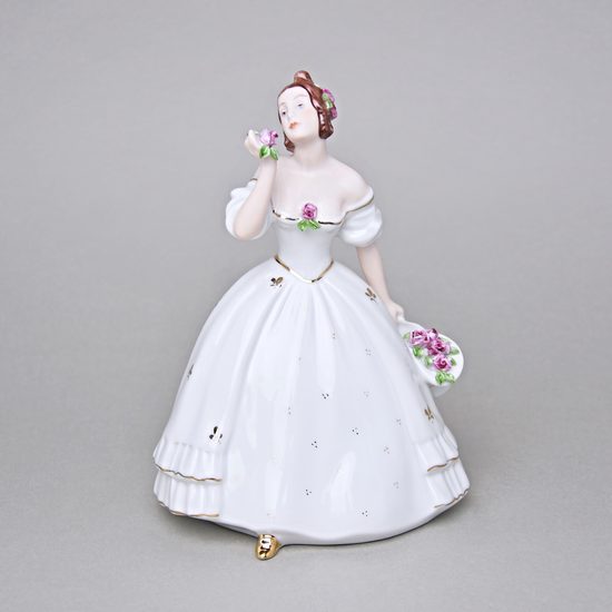 Dívka s kloboukem a růžemi 12 x 14 x 19 cm, Bílá + zlato + saxe, Porcelánové figurky Duchcov