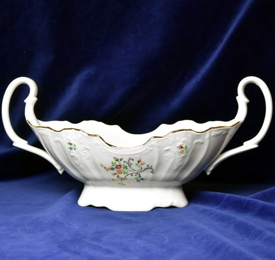 Fruit bowl with handles 36 cm, Thun 1794 Carlsbad porcelain, Bernadotte flowers with gold