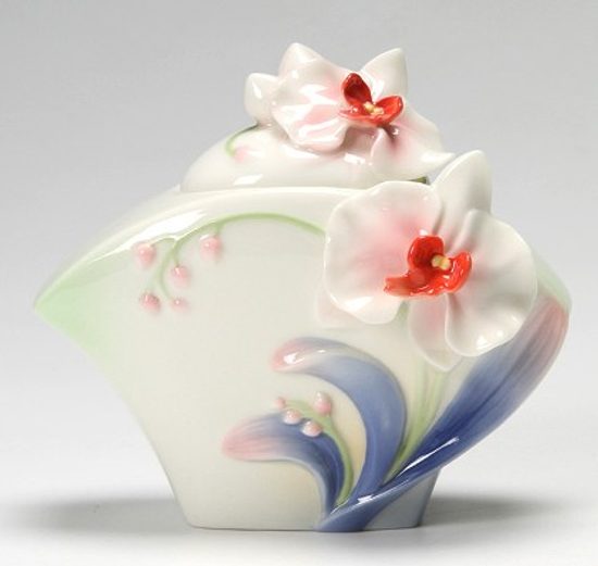 Graceful orchid design sculptured porcelain sugar jar 11,5 cm, Porcelain FRANZ