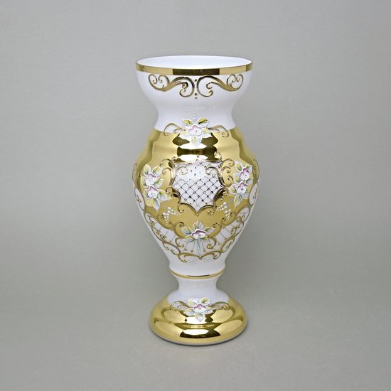 Vase 31 cm, WHITE glass, gold + enamel, Nový Bor glass