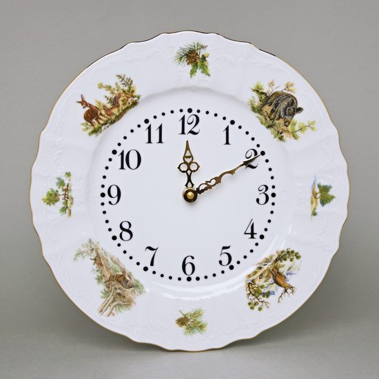 Clock wall 27 cm, Thun 1794 Carlsbad porcelain, BERNADOTTE hunting