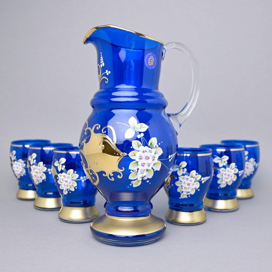 Wine set JANA 7 pcs. BLUE, enamel + gold, Novoborské sklo