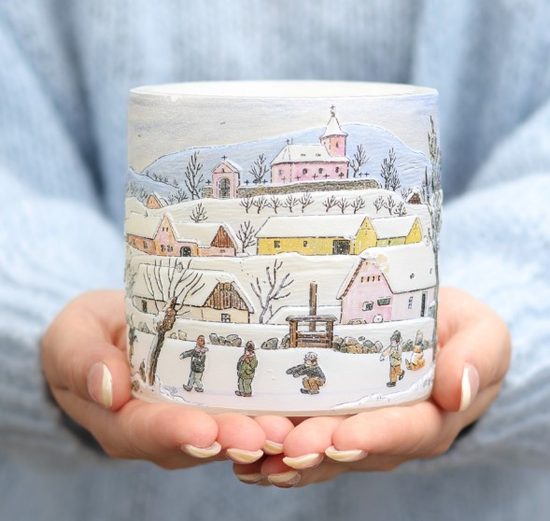 Tea light Latern 10 cm with 3D illustration of JOSEF LADA "Winter", Glassor