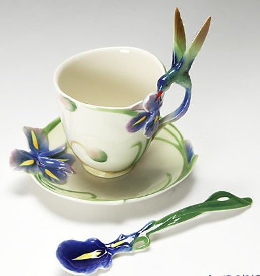 Longtail hummingbird design sculptured porcelain cup and saucer, Porcelain FRANZ