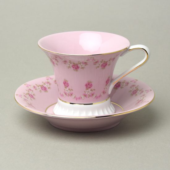Cup footed 200 ml + sacuer 15 cm, Světlana, pink-white, decor 158, Leander, rose china